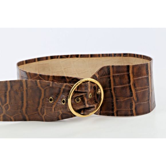 Vintage Croco Print Leather Belt Brown Wide Gold Round Buckle Size S main image 6